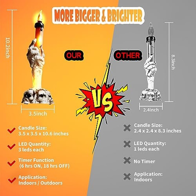 할로윈 장식, 대형 조명 해골 손으로 말뚝이 있는 양초, 15 LED 따뜻한 흰색 조명 타이머로 작동되는 방수 배터리, 할로윈 파티용 조명, 실내 야외 장식(5 팩)