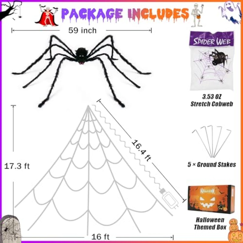 거미줄 할로윈 장식 야외 455LED 할로윈 거미줄 조명 장식 59인치 대형 거미 및 100g 스트레치 거미줄 11가지 조명 모드 17.3Ft 조명 거대한 거미줄
