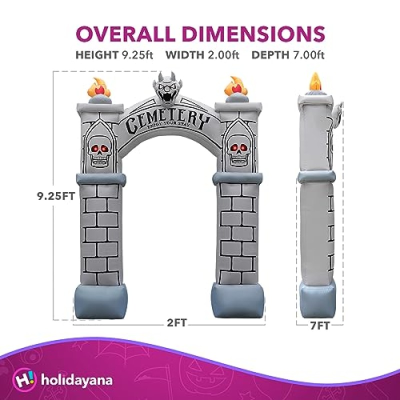 Holidayana 할로윈 풍선 9피트 유령 묘지 아치 밑의 통로 - 풍선 야외 할로윈 장식 마당, 잔디밭 및 정원용 아치 할로윈 장식 내부 조명 및 내장 팬