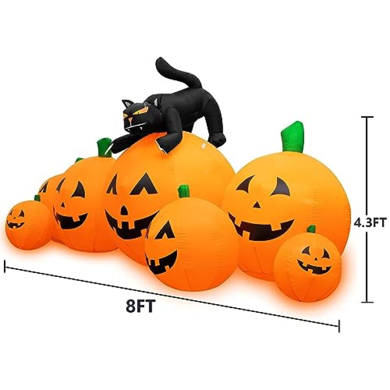 HBlife 8 FT 할로윈 풍선 야외 장식 호박, LED가 내장된 애니메이션 마녀 고양이 폭파 호박, 앞마당, 현관, 잔디 및 할로윈 파티용 풍선 장식