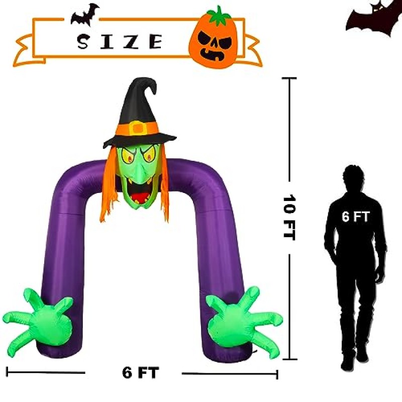 10피트 할로윈 풍선 아치길 장식 야외, LED 조명이 있는 무서운 할로윈 풍선 마녀 아치, 파티, 정원, 마당, 잔디밭(팽창식 마녀 아치길)을 위한 휴일 마당 장식 폭파