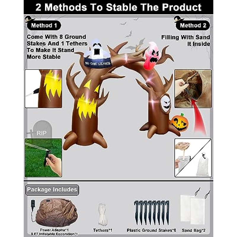 TURNMEON 9.6FT 길고 8FT 키가 큰 거대한 할로윈 풍선 죽은 나무 아치 호박 유령의 유령이 있는 야외 장식은 아무도 나뭇잎 배너를 보유하지 않습니다. LED 조명 폭파 마당 할로윈 장식 정원 잔디
