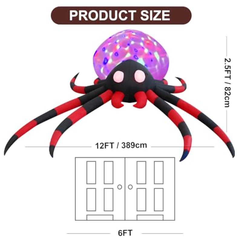 SHDEJTG 12피트 빨간 다리 거미 할로윈 야외 풍선 장식 LED 조명 및 만화경 파티오, 정원, 잔디밭에 대한 야외 휴일 풍선 장식에 대한 회전 빛