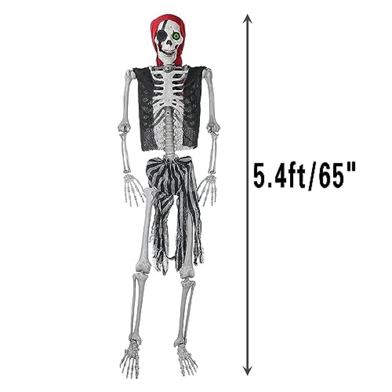 Oddwaxs 5.4피트 실물 크기 할로윈 장식용 포즈 가능한 해적 해골: 야광 눈, 해적 안대, 반다나, 옷 포함; 야외 장식을 위한 조정 가능한 관절 전신 인간 뼈