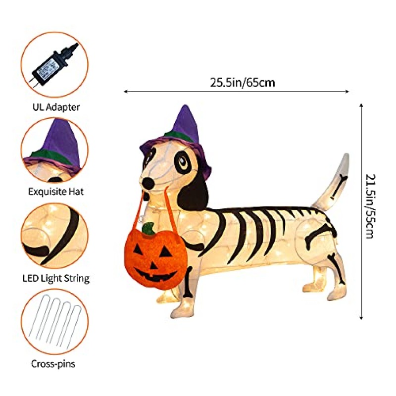 KITBONIS 사전 조명 25.5 인치 긴 할로윈 해골 개 반짝임 조명과 마녀 모자 실내 야외 장식 할로윈 장식 조명 홈 가든 파티 마당 장식