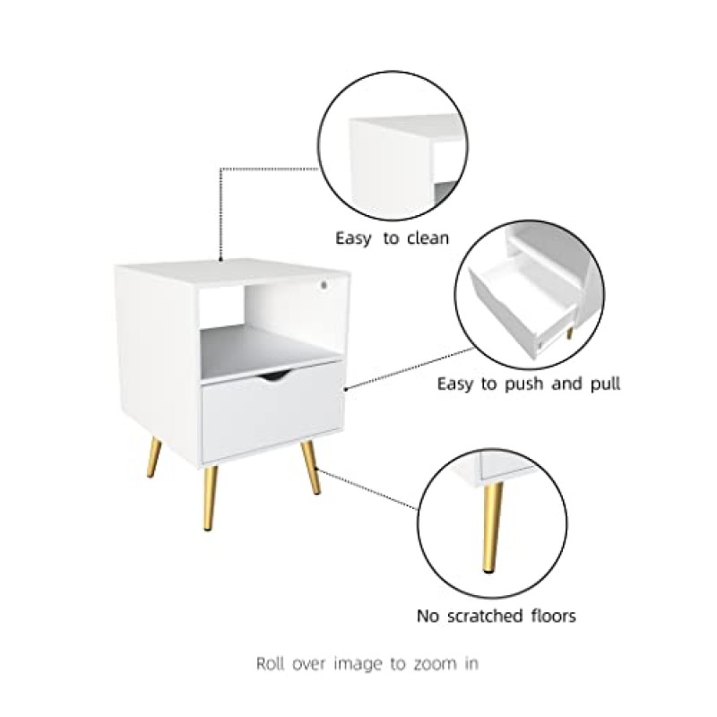 서랍이 있는 Ivoryou 침대 옆 탁자, 나무 끝 ​​테이블, 침실용 개방형 수납 공간이 있는 침대 옆 탁자, 반투명 금색 철제 발
