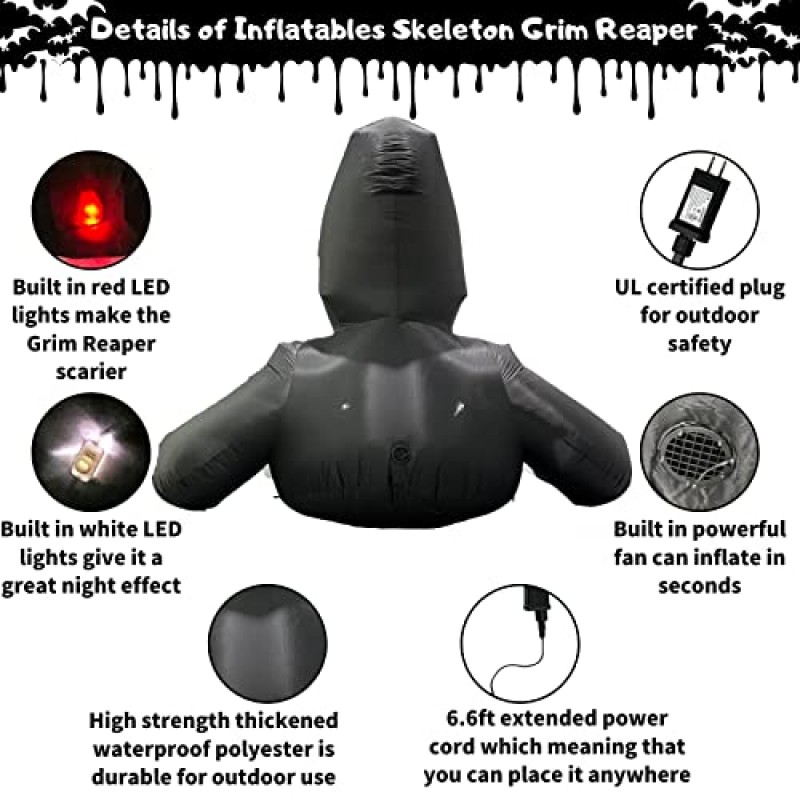 Buheco 풍선 할로윈 장식 외부 잔인 사신 6피트 거대한 무서운 폭파 해골 으스스한 유령 야외 마당 장식 풍선 실내 및 잔디 정원 파티 휴일을 위한 LED 조명 내장