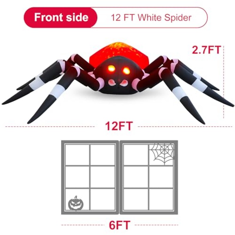 HZGDEJTG 12피트 흑백 거미 할로윈 풍선 야외 장식, 야외 잔디밭, 정원, 홈 홀리데이 파티를 위한 LED 조명이 있는 마당 장식
