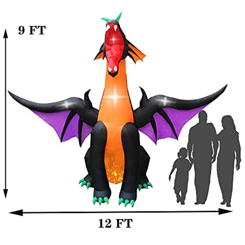 SEASONBLOW 12 FT Fire & Ice Dragon with Wings, 실내 실외 홈 파티 잔디 정원 마당을 위한 풍선 할로윈 장식