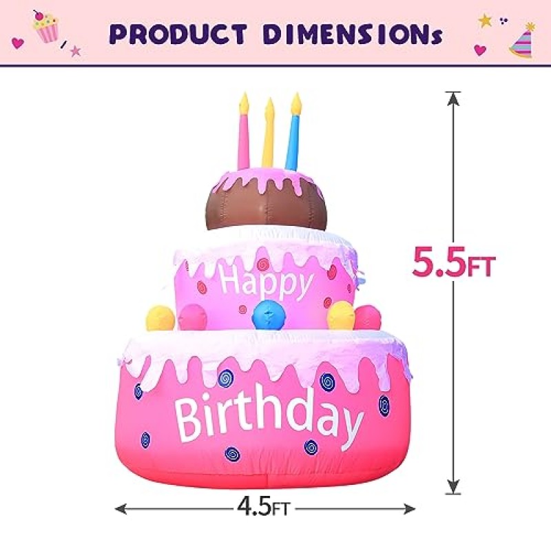 DomKom [신제품] 5.5FT 대형 팽창식 생일 케이크 양초가 있는 야외 장식, LED 조명 내장, 생일 축하 파티 야외, 실내, 정원 마당 잔디 장식