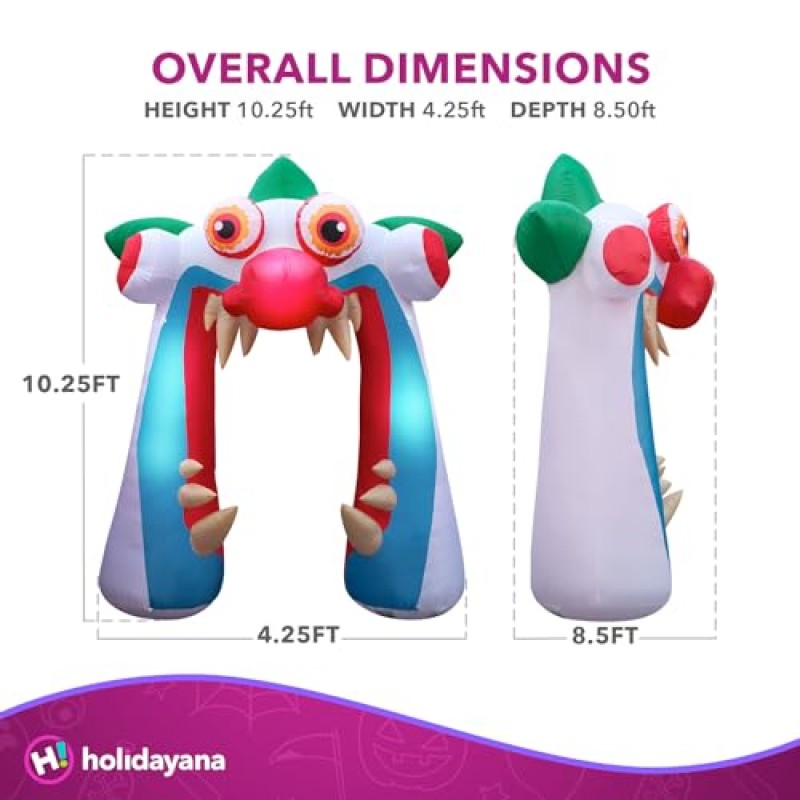 Holidayana 할로윈 풍선 대형 10피트 광대 아치 밑의 통로 - 풍선 야외 할로윈 장식 마당, 잔디밭 및 정원용 할로윈 아치 장식 내부 조명 및 내장 팬