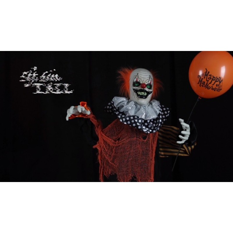 Holidayana Creepy Clown 할로윈 애니마트로닉 - 풍선 할로윈 장식이 포함된 5.6피트 키 큰 애니메이션 광대, 소리, 조명 및 움직임으로 활성화되는 소리 및 터치