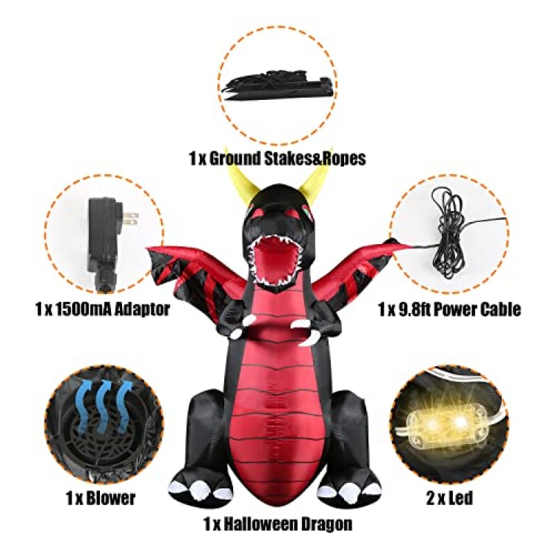 흥분된 작업 7 피트 높이의 할로윈 풍선 송풍기가 있는 용 풍선 마당 장식 할로윈 파티용 LED 조명 내장 야외, 실내, 정원, 마당, 잔디 장식