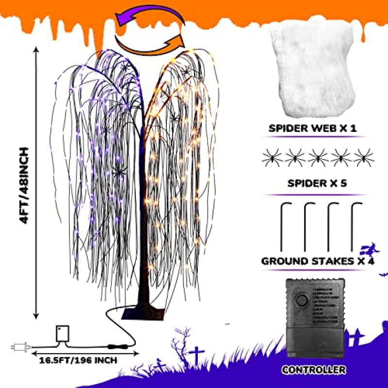 PEIDUO 할로윈 나무, 색상 변경 버드나무 180 보라색 주황색 조명, 8가지 조명 모드 컨트롤러가 있는 으스스한 나무, 야외 실내 장식용 방수 검은 수양 버드나무, 플러그인, 4FT
