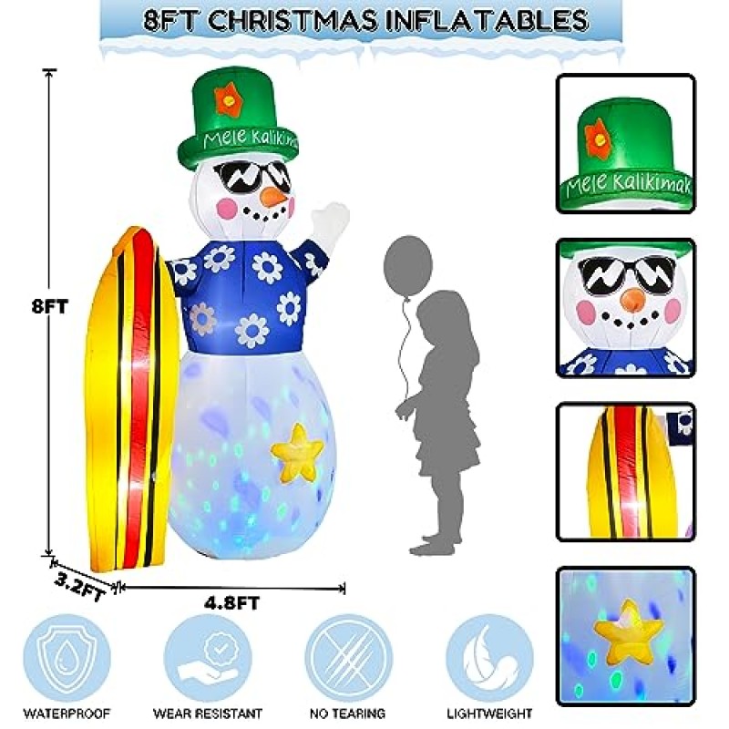 Wabolay 눈사람 풍선 크리스마스 마당 장식 8피트 거대한 서리가 내린 폭파 눈사람 풍선 야외 하와이 회전 다채로운 LED 조명 폭파 실내 외부 잔디밭 휴가를 위한 크리스마스 겨울 장식