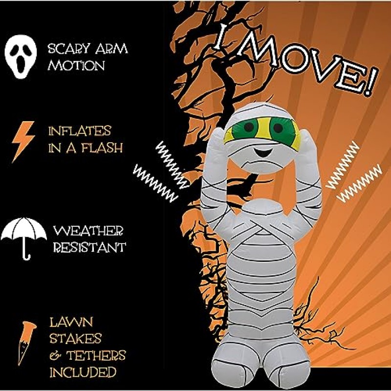 헌티드 힐 농장 6.5-Ft. 동작과 조명이 있는 머리 없는 미라가 팽창식 축제 할로윈 장식을 날려버립니다.