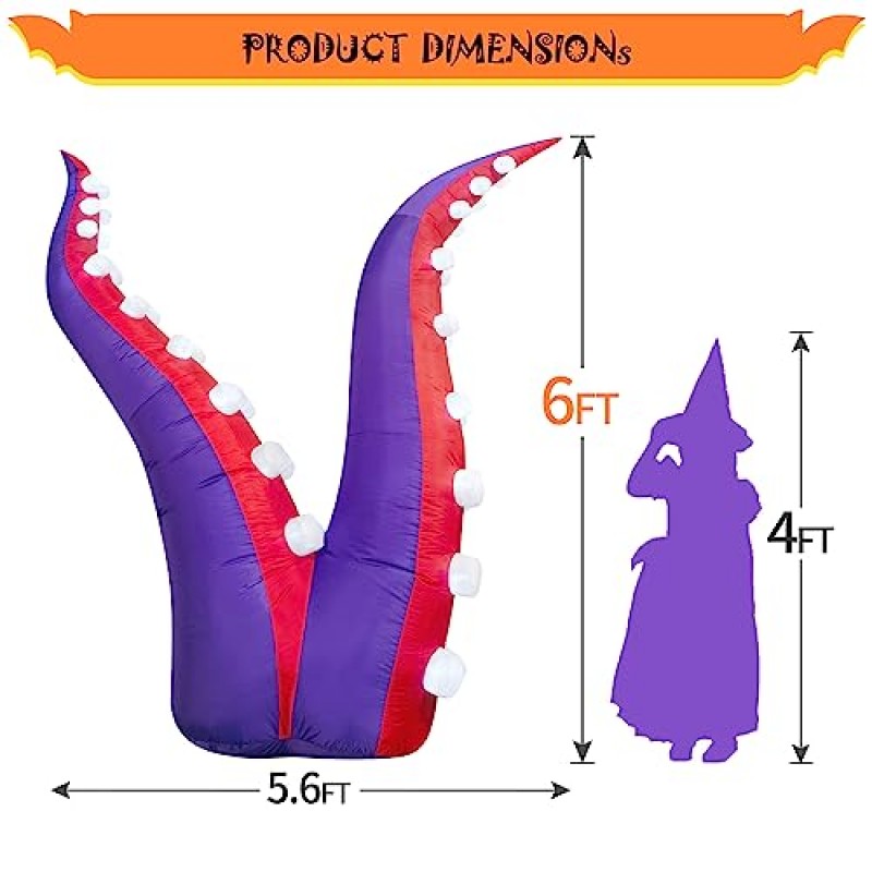 DomKom [36 LED 조명] 6FT 할로윈 풍선 장식 문어 촉수 36개 내장 LED 조명, 할로윈 파티 야외, 마당, 정원, 잔디 장식용 휴일 마당 장식 폭파