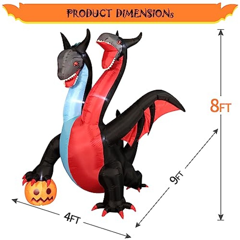 DomKom 8피트 높이의 할로윈 풍선 야외 장식, 거대한 불과 얼음 호박이 있는 양두 드래곤, LED 조명 할로윈 파티 정원 마당 잔디 장식을 위한 휴일 폭파