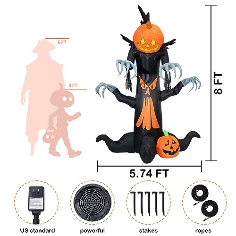 VCUTEKA 할로윈 풍선, 8FT 할로윈 장식 Infalatbles 호박 LED 조명으로 죽은 나무 할로윈 파티 실내 야외 마당 잔디 장식을위한 내장 블로우 업 마당 장식