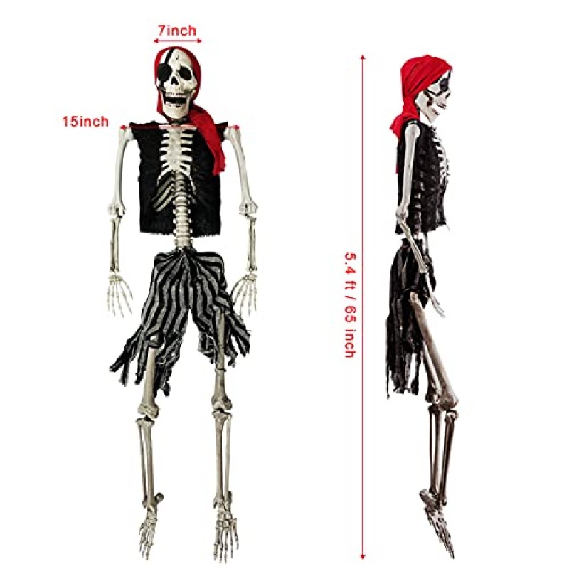 5.4피트 할로윈 해골, 현실적인 인간 Posable 실물 크기 해적 해골 장식 할로윈 소품을 위한 전신 움직일 수 있는 뼈 으스스한 파티 유령의 집 장식, 할로윈 전체 크기를 위한 해골