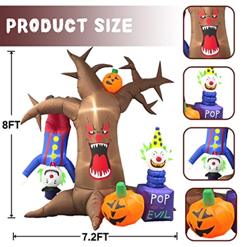 Buheco 할로윈 풍선 나무 광대와 호박이 있는 야외 장식 8피트 높이의 거대한 LED 빛은 죽은 나무를 날려버립니다 외부 마당 정원 잔디 실내 휴일 파티 장식을 위한 무서운 짜증나는 풍선
