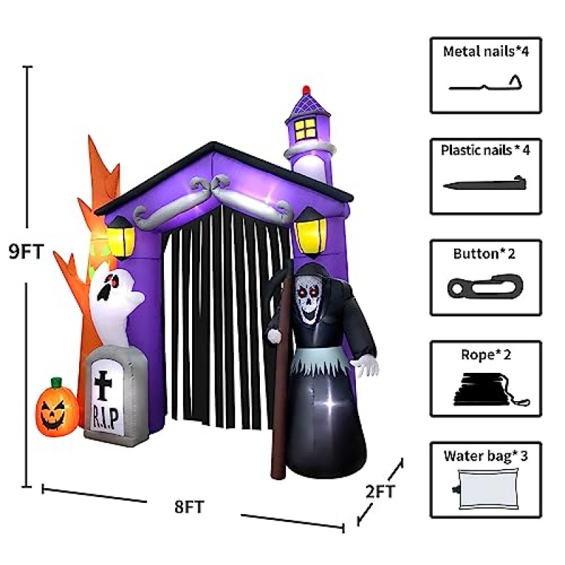 KOOY 9FT 할로윈 풍선 장식 유령의 집/아치길/성 및 Led 조명이 있는 유령 호박, 야외, 파티, 정원, 잔디 장식을 위한 거대한 휴일 폭파 마당 장식