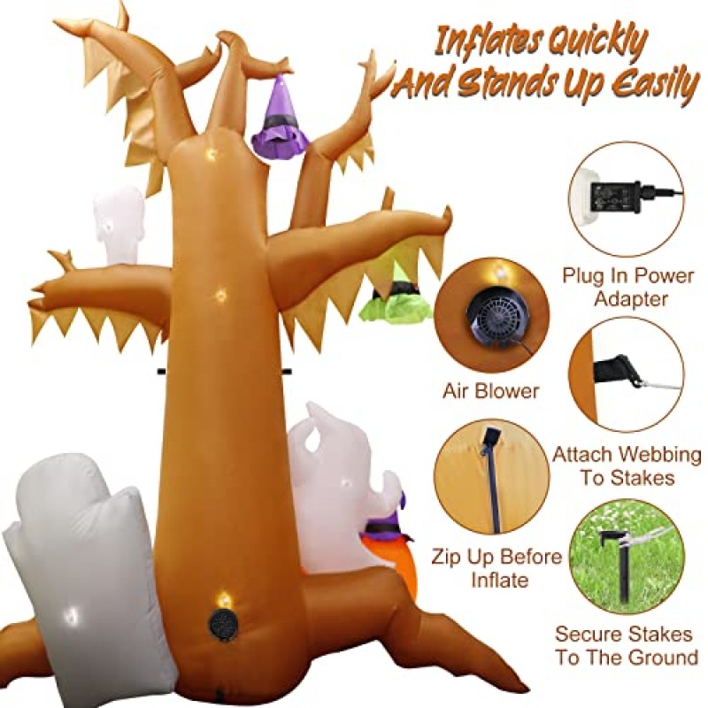 OurWarm 8피트 할로윈 풍선 죽은 나무 유령 호박 마녀 모자, LED 조명이 내장된 야외 풍선 할로윈 장식, 정원 마당 잔디 장식을 위한 마당 장식 폭파