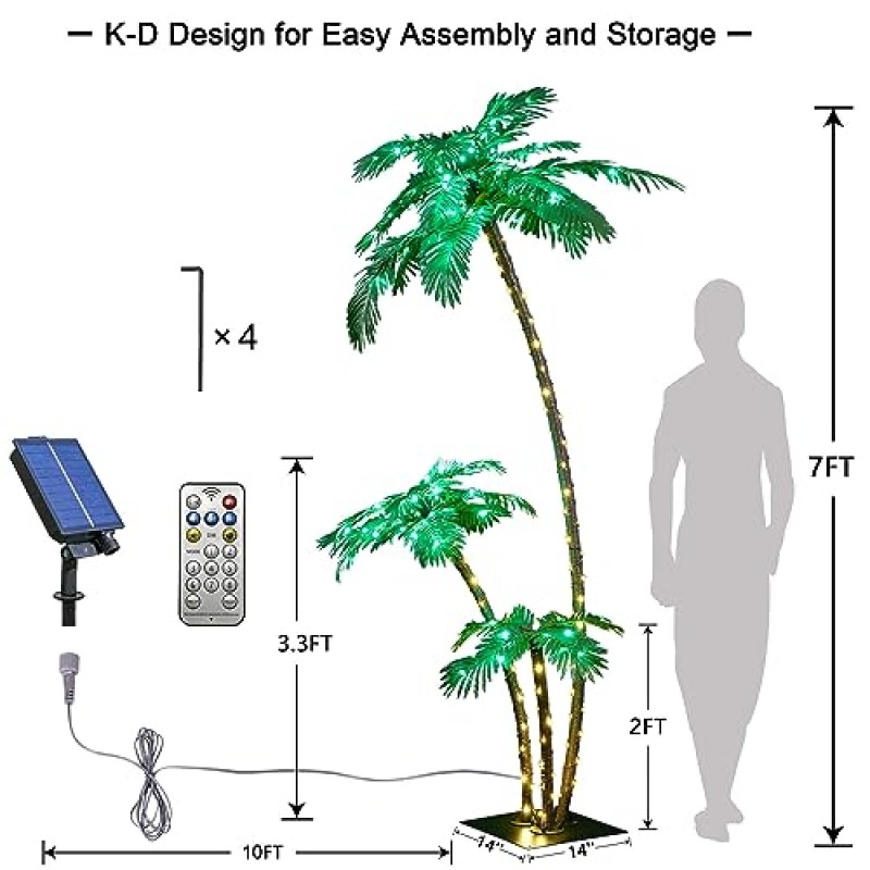 LIGHTSHARE 조명 7피트 야자나무 3트렁크 인공 야자나무 218LED 조명 장식용 야외 및 실내 티키 바 크리스마스 파티오 풀-태양광