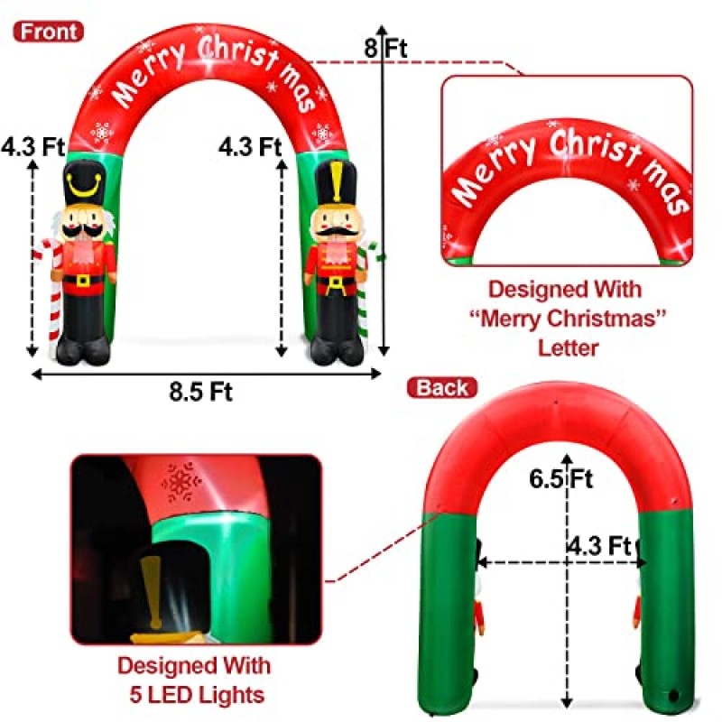 TURNMEON 8 피트 거대한 조명 크리스마스 풍선 아치 밑의 통로 장식 야외 2 호두까기 인형 마당 잔디 정원용 밝은 LED 조명으로 장식 홈 파티 휴일 크리스마스 장식 10 말뚝 5 테더