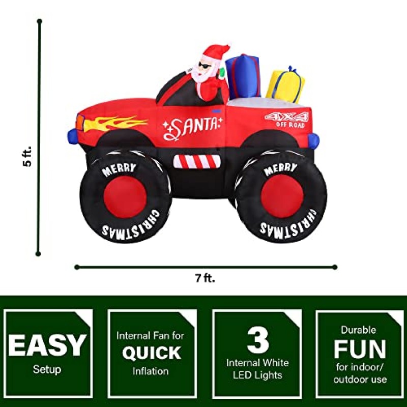 프레이저 힐 농장 7-Ft. LED 조명을 갖춘 몬스터 트럭에 있는 넓은 풍선 크리스마스 산타클로스 | 축제 휴일 폭발 장식 | 송풍기, 로프 및 말뚝 포함 | FHFMNSRTRCK071-L, 레드