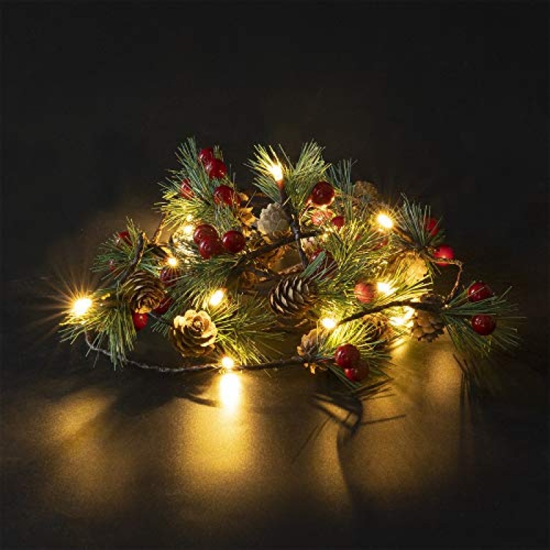 FUNPENY 크리스마스 PineCones 문자열 조명, 6.56Ft 20 LED 소나무 바늘 붉은 열매 가을 빛 갈 랜드, 추수 감사절 크리스마스 가을 테마 파티 장식을위한 실내 야외 장식