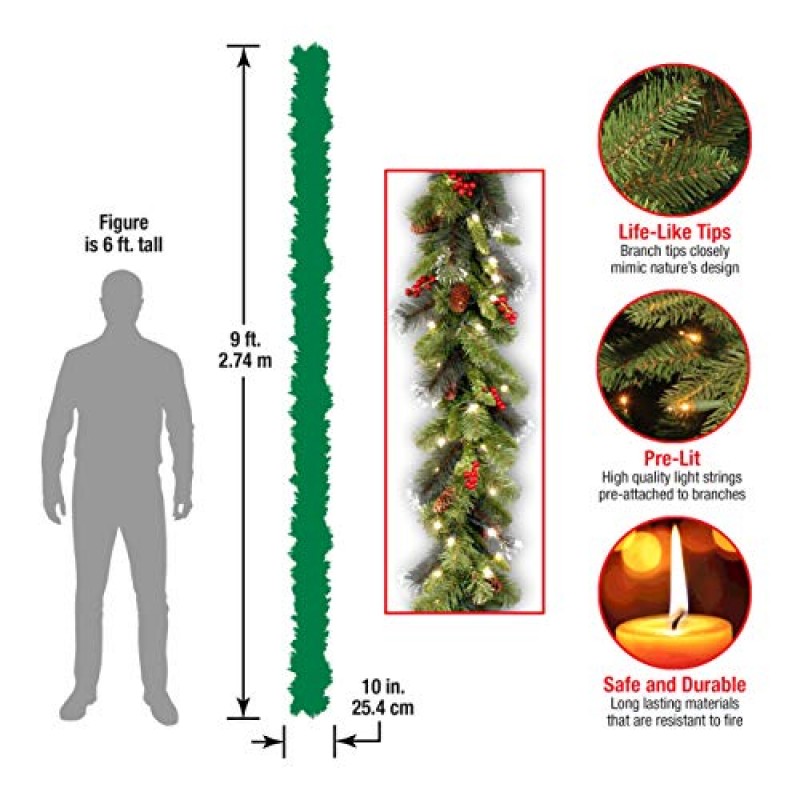 National Tree Company 사전 조명 인공 크리스마스 화환, 녹색, 크레스트우드 가문비나무, 백색 조명, 솔방울로 장식됨, 베리 클러스터, 플러그인, 크리스마스 컬렉션, 9피트