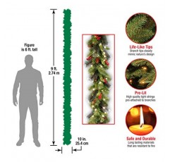 National Tree Company 사전 조명 인공 크리스마스 화환, 녹색, 크레스트우드 가문비나무, 백색 조명, 솔방울로 장식됨, 베리 클러스터, 플러그인, 크리스마스 컬렉션, 9피트