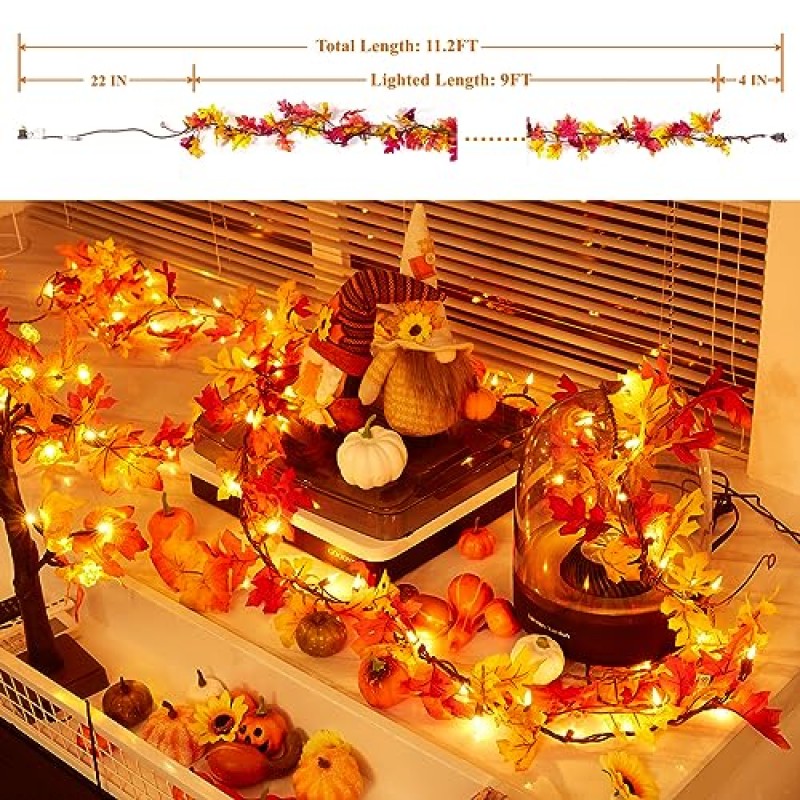 가을 장식 메이플 리프 화환 조명 9피트 50 백열 전구 연결 가능한 조명 가을 화환 플러그 인 가을 장식 야외 실내 홈 파티 가을 할로윈 추수 감사절