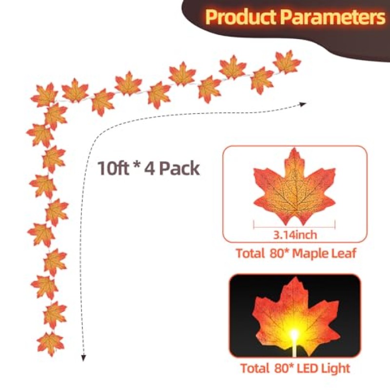 ROTESONNE 40 FT 4 팩 가을 장식 단풍잎 화환 문자열 조명, 총 80LED 할로윈 장식 조명 화환, 추수감사절 장식, 집 현관, 벽난로 및 계단용 가을 장식