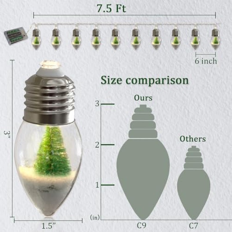 VVolf 크리스마스 트리 조명, 스노우 글로브 스트링 조명, 크리스마스 스노우 글로브 스트링 조명 배터리 작동, 7.5FT 스노우 글로브 조명(10개 LED 투명 전구 포함)