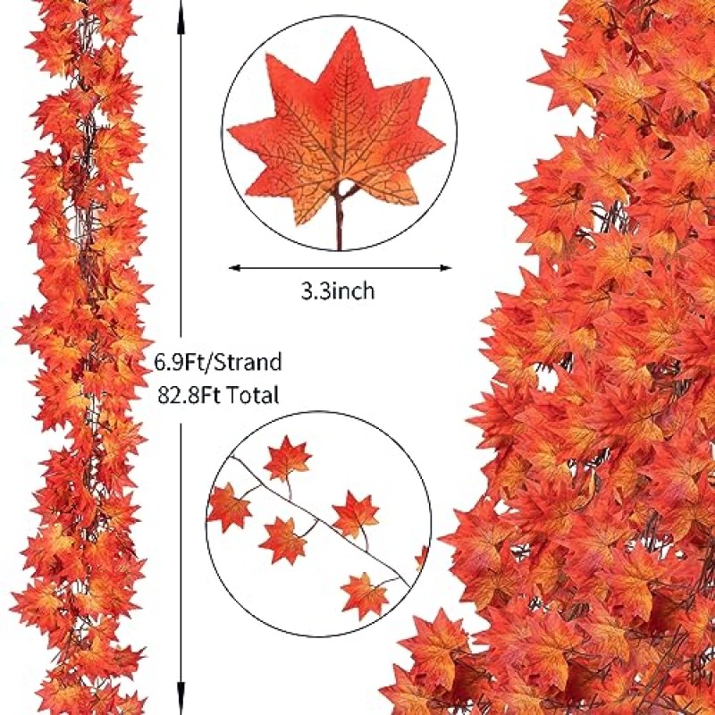 Antfraer 가을 화환 단풍잎, 12 팩 가을 잎 화환 7피트/조각 인공 매달려 가을 덩굴 가을 단풍잎 화환 추수감사절 홈 웨딩 벽난로 파티 가을 장식