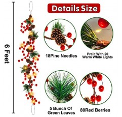 [타이머] 조명이 있는 크리스마스 화환 6피트 20 LED 솔방울 끈 조명 크리스마스 화환 장식 실내 옥외용 배터리 작동 레드 베리 홈 크리스마스 장식 트리 맨틀 벽난로