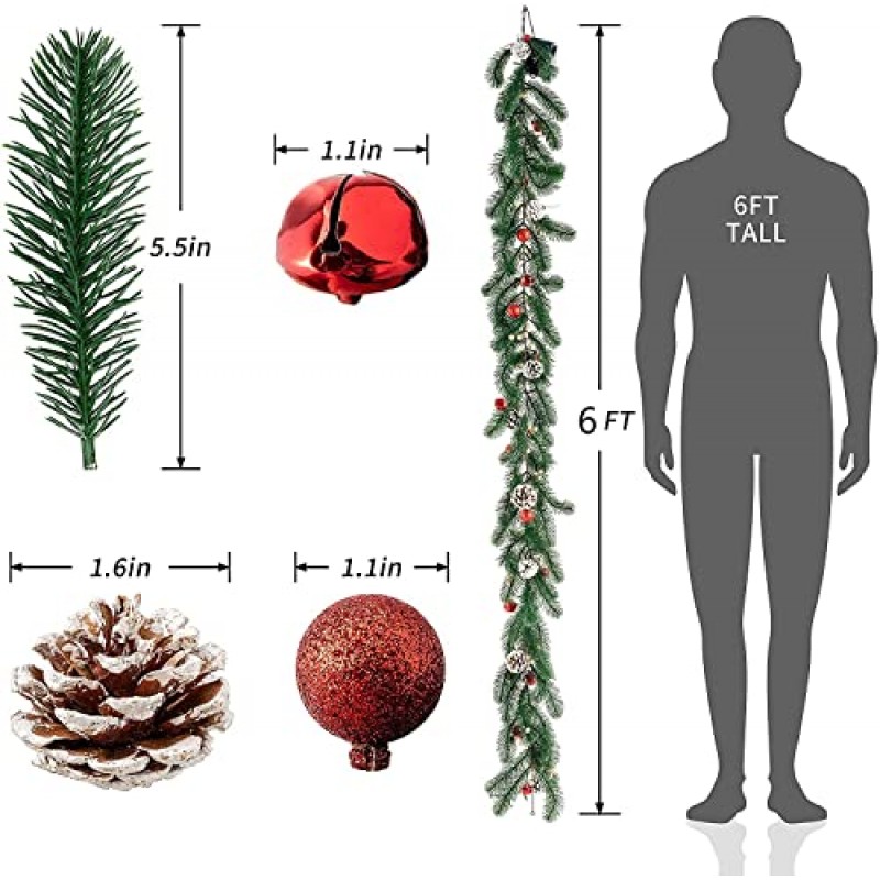 Kurala 6 FT 크리스마스 화환, 배터리로 작동되는 8가지 조명 모드, 40개의 LED가 있는 조명 크리스마스 화환, 솔방울, 붉은 열매, 징글벨