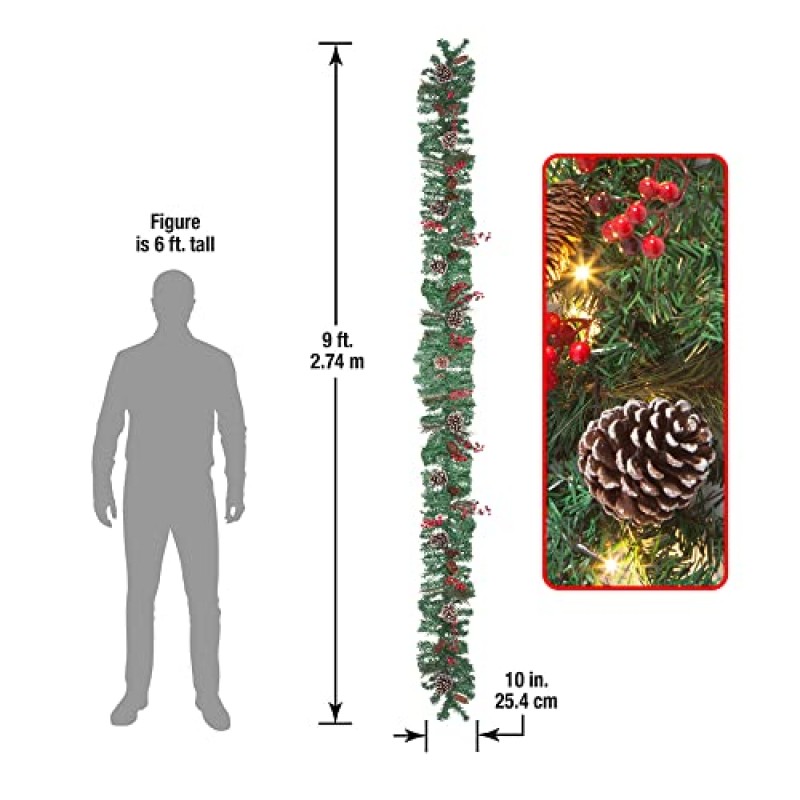 Kurala 9 FT 크리스마스 화환, 8가지 조명 모드로 작동되는 배터리, 솔방울과 인공 혼합, 붉은 열매, LED 조명 50개