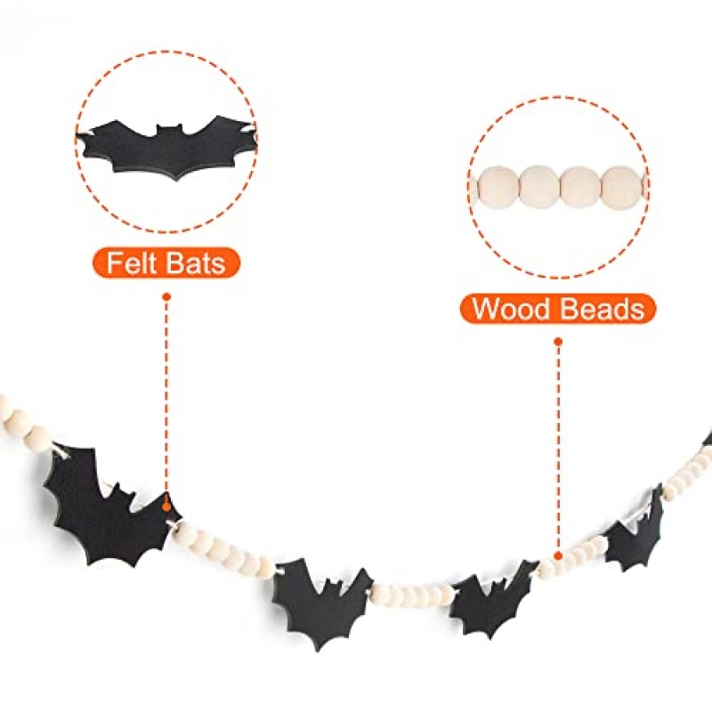할로윈 화환, 할로윈 맨틀 장식을위한 박쥐 화환, 벽난로 벽난로 장식을위한 펠트 박쥐 나무 구슬 배너