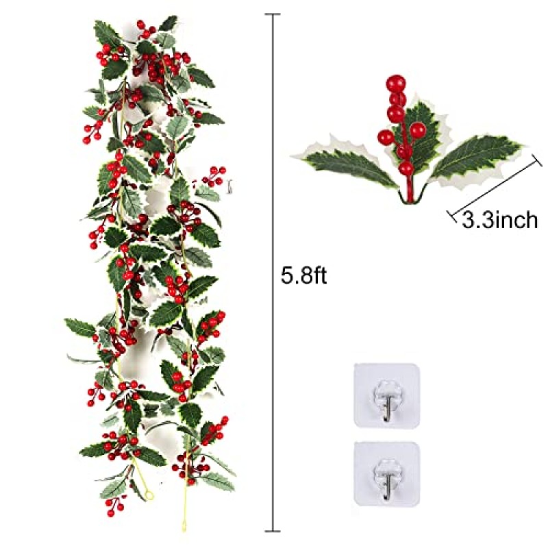 RECUTMS 5.8FT 레드 베리 크리스마스 화환 장식 인공 화환 크리스마스 장식 겨울 휴가 실내 야외 정원 문 벽난로 장식