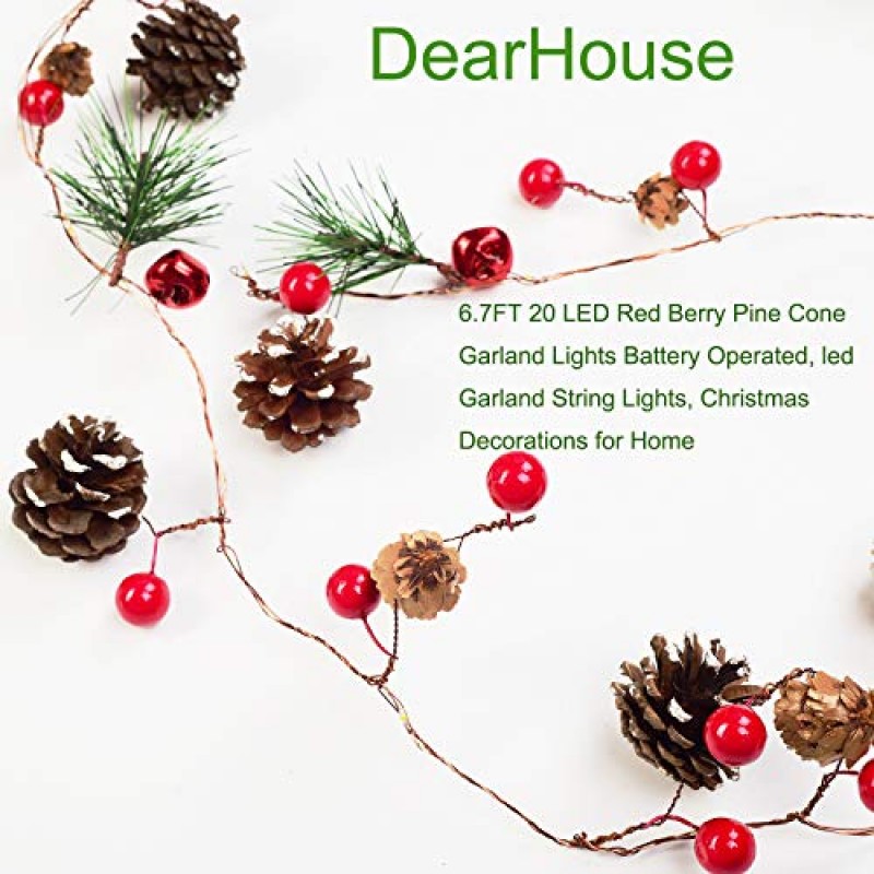 DearHouse 6.7FT 크리스마스 화환 조명, 20 LED 레드 베리 파인 콘 화환 조명 배터리 작동, LED 화환 스트링 조명, 가정용 크리스마스 장식, 벽난로용 화환