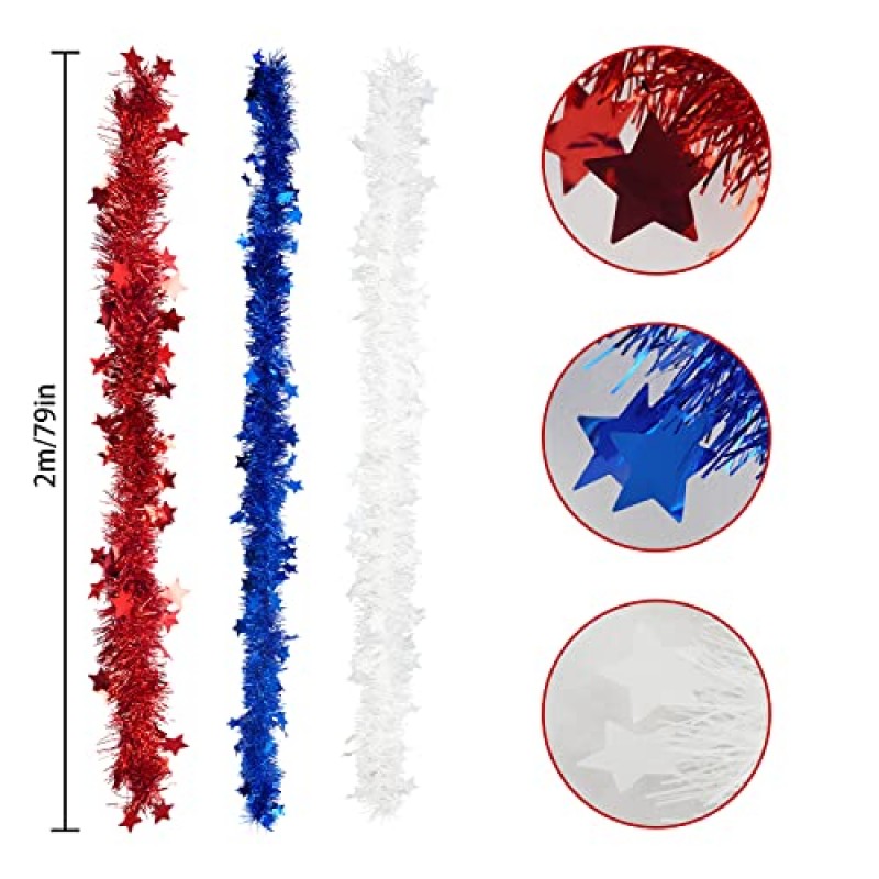 9개 60피트 7월 4일 애국 화환 Prashent Tinsel 별 현충일 화환 장식 7월 4일 야외 홈 홀리데이 장식 파란색, 빨간색, 흰색