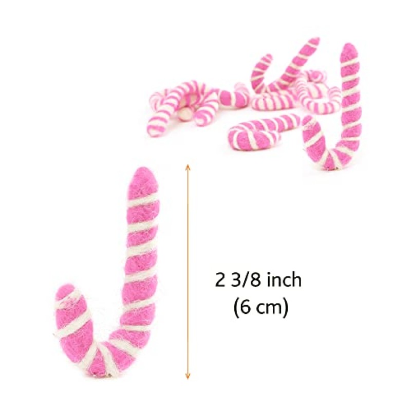 글라시아트 원 펠트 지팡이 사탕 장식(핑크/화이트) - DIY 화환, 예술 공예 용품, 크리스마스를 위한 귀여운 가정 장식 - 아기 모빌 장식품 - 핸드 펠트 천연 양모 소재 - 10개 세트