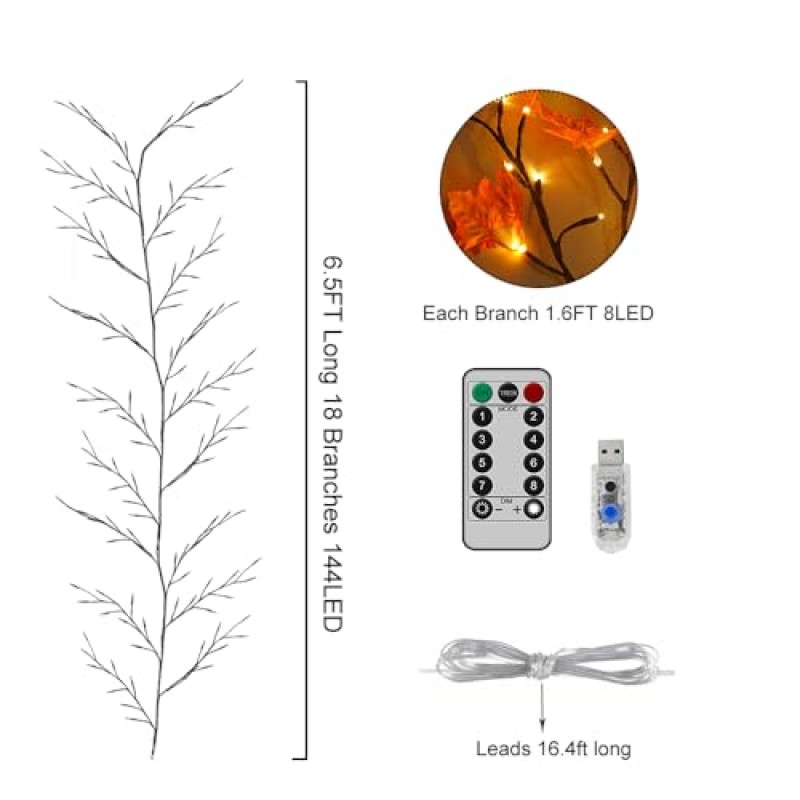 H-Wniniai 가정 장식을 위한 매혹적인 덩굴, 자작나무 가을 갈랜드 단풍잎이 있는 크리스마스 장식, 144 LED 6FT 8 모드 실내 장식 인공 식물 나무 조명 벽 침실 거실 장식