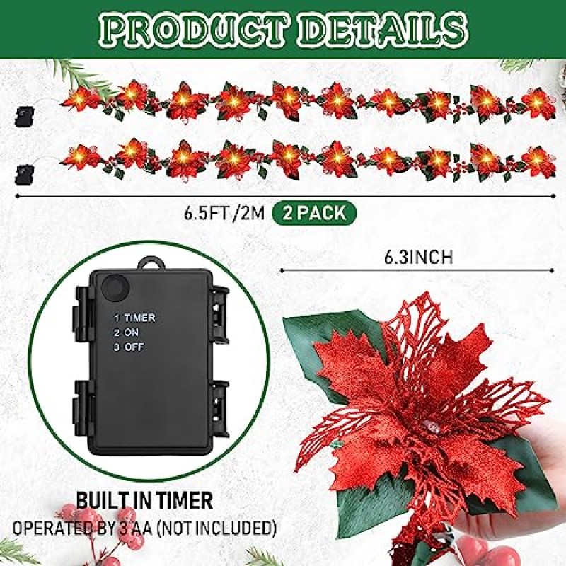 Jexine 2개 크리스마스 반짝이 인공 포인세티아 화환 6.5피트 10개의 LED 가짜 꽃 크리스마스 문자열 조명 포인세티아 화환 조명 골드 베리 홀리 잎 실내 실외 장식(빨간색)