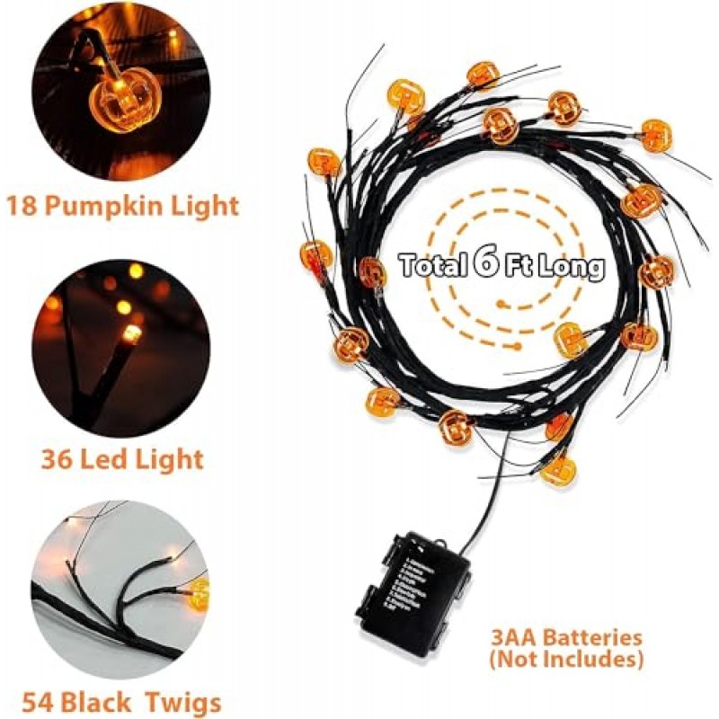 [8가지 모드 및 타이머] 6피트 54 LED 할로윈 버드나무 덩굴 나뭇가지 장식 화환 호박 주황색 조명 방수 배터리 작동 할로윈 장식 가지 벽 침실 홈 벽난로용 화환