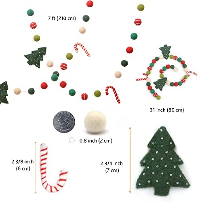Glaciart One 크리스마스 트리 펠트 볼 화환 - 천연 양모로 손으로 만든 폼폼 휴일 장식 - 크리스마스 트리, 벽난로, 어린이 침실, 거실, 보육원을 위한 귀여운 매달려 장식 - 길이 7피트