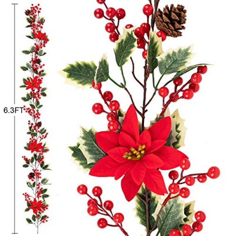 Mocoosy 6.3FT 레드 베리 크리스마스 화환 소나무 콘 및 포인세티아, 인공 열매 화환 포인세티아 크리스마스 장식 실내 실외 벽난로 겨울 휴가 크리스마스 홈 장식